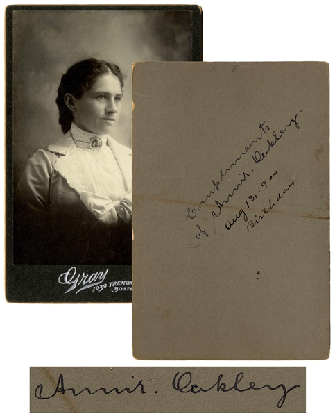 Annie Oakley Signed Cabinet Card -- Large 4.25 x 6 Card Signed on Her 59th Birthday